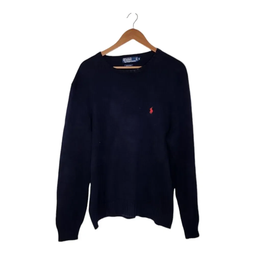 Vintage Polo Ralph Lauren Navy Blue Red Pony L/S Sweater Mens Size XL Hong Kong